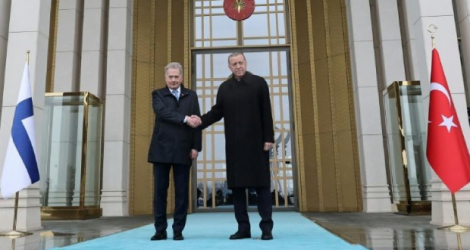 Les présidents turc Recep Tayyip Erdogan (d) et finlandais Sauli Niinisto au complexe présidentiel d'Ankara, le 17 mars 2023. afp.com - Adem Altan  