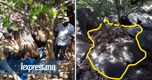 Photo de gauche : le professeur Georges Okelowo-Abungu supervisant des fouilles, samedi 28 septembre. A droite : le site où le trésor devrait se trouver.