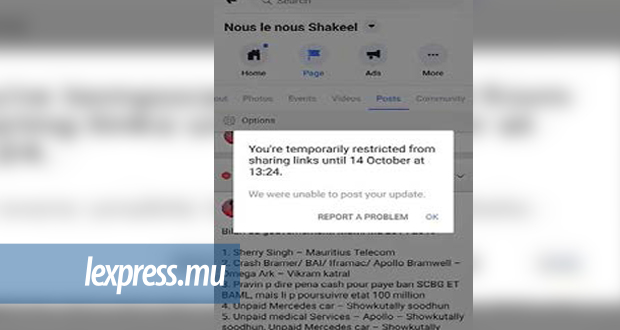 La fan page de Shakeel Mohamed, «Nous le Nous Shakeel» a été bloquée. L’administrateur ne peut plus partager de lien jusqu’au 14 octobre.