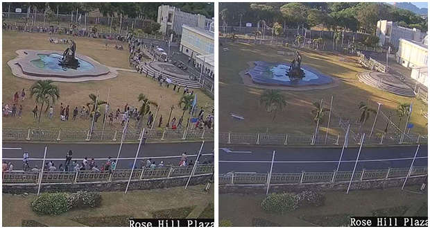 Capture d'écran des images de Mauritius Telecom prises mardi et mercredi matin respectivement au centre de vaccination à Plaza, Rose-Hill. Le contraste est saisissant après que la Santé a rectifié le tir.