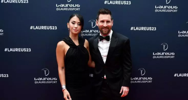 L'Argentin Lionel Messi et son épouse Antonela Roccuzzo avant la cérémonie des prix Laureus du sport le 8 mai 2023 à Paris.