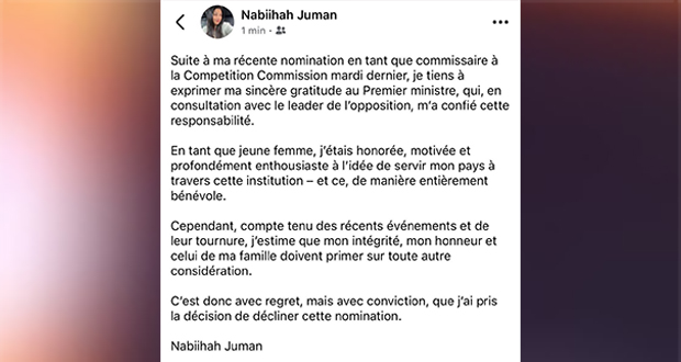 Nabiihah Juman refuse finalement le poste de commissaire