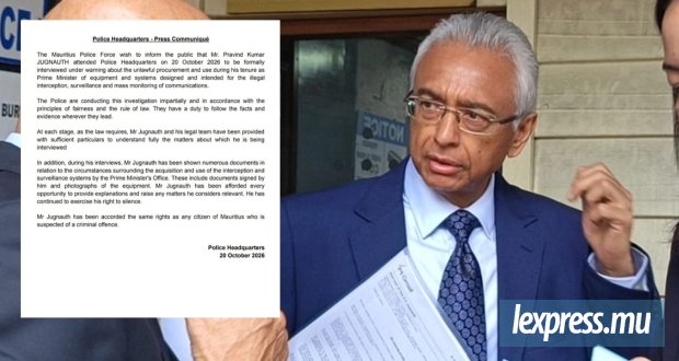 Pravind Jugnauth a maintenu son droit au silence, affirme la police