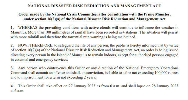 Règlement 16(2) de la National Risk Reduction Management Act: aucune personne verbalisée